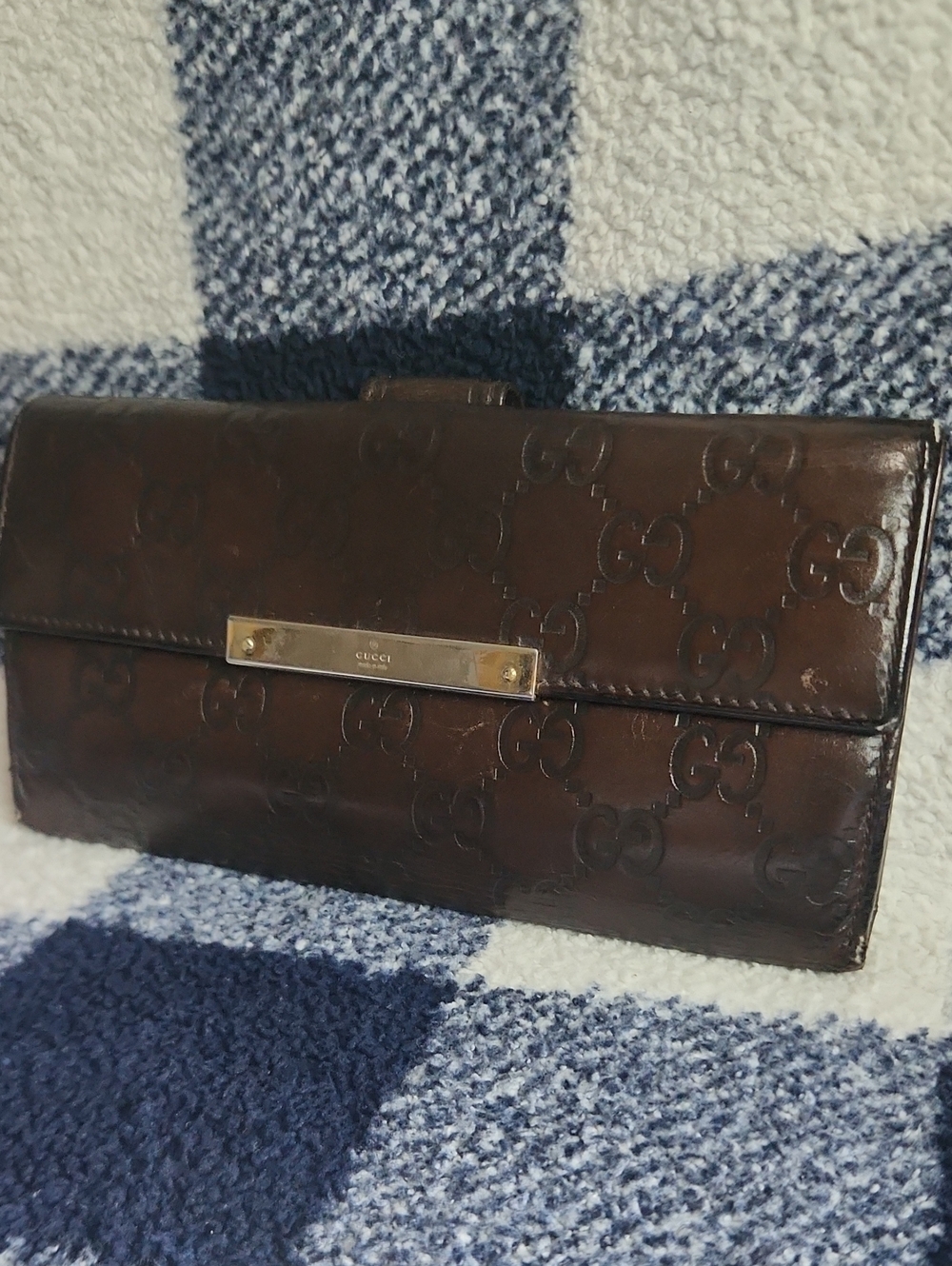 Gucci Dark Brown Embossed GG Leather Wallet with Gold Plate